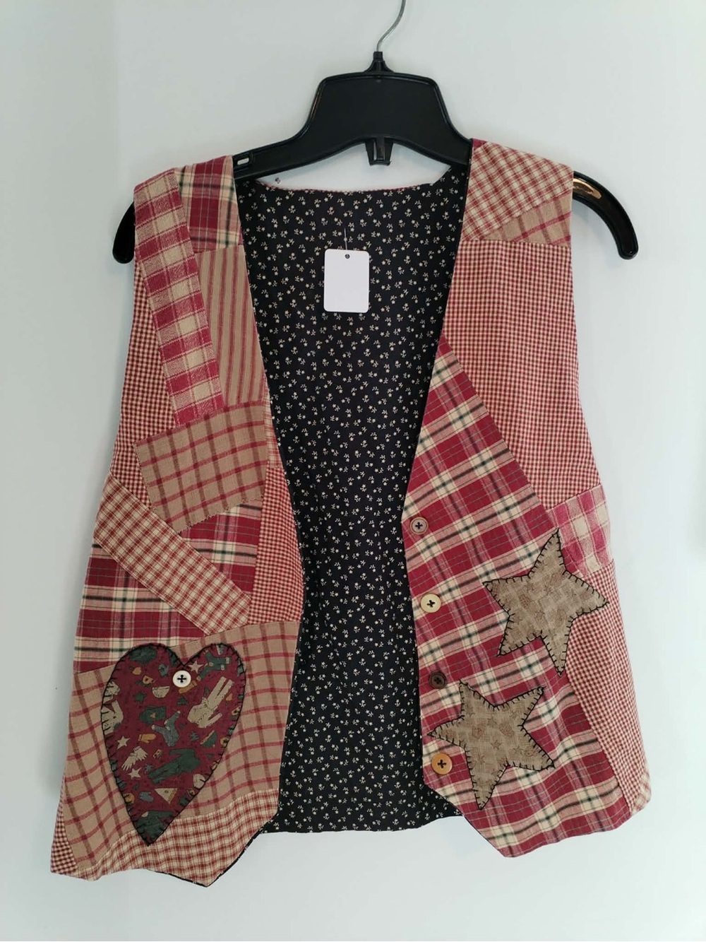 Vintage Red Patchwork Vest with Star & Heart Appliqué Size S